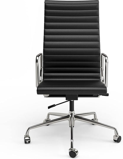 High Back Genuine Leather Ribbed Office Chair-Ergonomic Desk Chair with Aluminum Alloy Armrest & Frame, Swivel Silent Wheels & Tilt Function, Adjustable Height