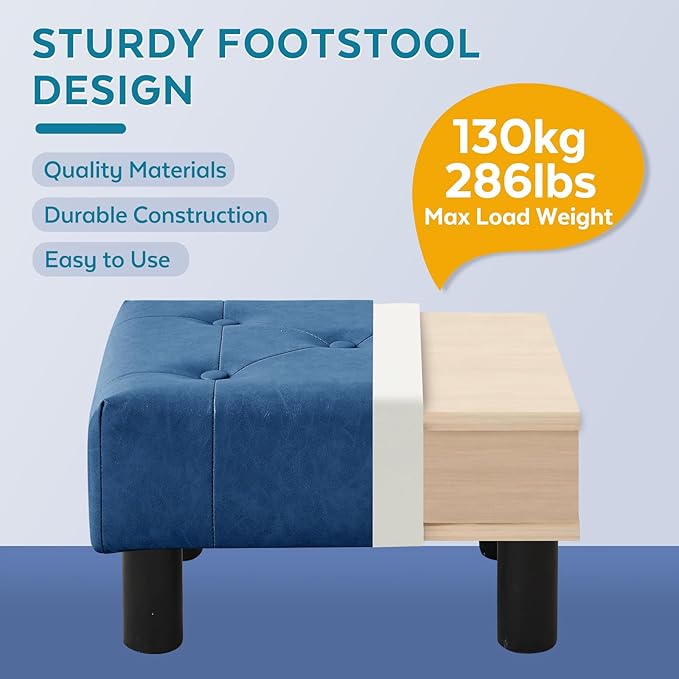Small Foot Stool Ottoman, Faux Leather Footstool Ottoman Foot Rest for Couch, Rectangle Footstools and Ottomans Small for Living Room, Entryway and Bedroom (Blue)