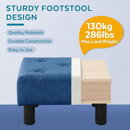 Small Foot Stool Ottoman, Faux Leather Footstool Ottoman Foot Rest for Couch, Rectangle Footstools and Ottomans Small for Living Room, Entryway and Bedroom (Blue)