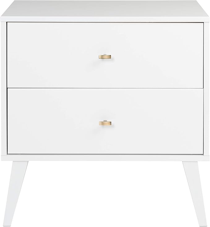 Prepac Milo Mid-Century Modern 2 Drawer Nightstand, Bedside Table, Contemporary Bedroom Furniture, 16"D x 25"W x 25"H, White