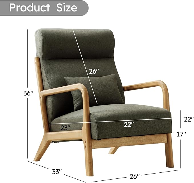 Accent Chair Mid Century Modern Chair Linen Fabric Living Room Chairs with Solid Wood Frame Comfy Upholstered and Lumbar Pillow Reading Side Chair Easy Assembly for Bedroom (2, Green)