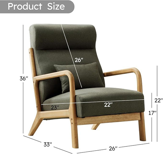 Accent Chair Mid Century Modern Chair Linen Fabric Living Room Chairs with Solid Wood Frame Comfy Upholstered and Lumbar Pillow Reading Side Chair Easy Assembly for Bedroom (2, Green)