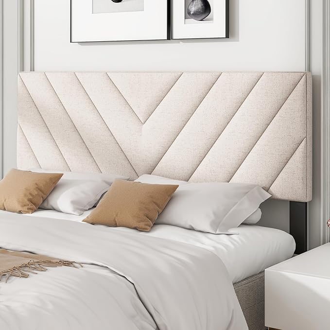 Giantex Linen Upholstered Headboard, Adjustable Width Button Tufted Headboard Only with Solid Wood Legs, Attach Frame, Rectangular Headboard for Queen Full Size Bed, Beige