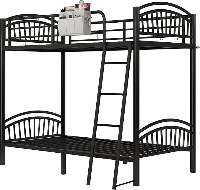 Twin Bunk Beds for Teen & Adults, Heavy Duty Metal Bunk Bed Twin Over Twin with Bedside Caddy, Convertible Ladder & Flat Rungs, Space Saving Bunkbed Frame for Bedroom Dorm, No Box Spring Needed