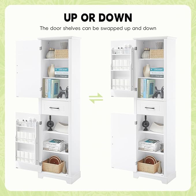 Bathroom Tall Storage Cabinet, Floor Freestanding Storage Cabinet with 2 Doors, One Drawer, Door Shelve Design, and Adjustable Shelf for Bathroom, Office, Multi-Use Organizer, White