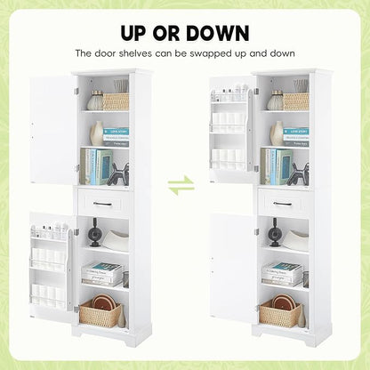Bathroom Tall Storage Cabinet, Floor Freestanding Storage Cabinet with 2 Doors, One Drawer, Door Shelve Design, and Adjustable Shelf for Bathroom, Office, Multi-Use Organizer, White