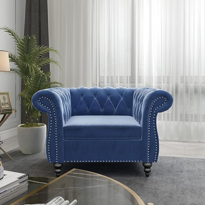Living Room Chair, Modern Velvet Chesterfield Sofa Chair, Mid Century Single Sofa Couch Chair with Tufted Back and Rolled Arms, Accent Sofa Chair for Living Room Apartment, Blue