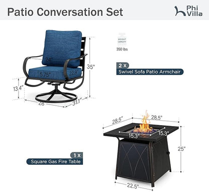 PHI VILLA 5 Piece Patio Furniture Set with 28" Firepit Table, 4 Outdoor 5.75" Cushioned Metal Frame Swivel Sofa Chairs & 28" Gas Firepit Table, Outside Furniture Set for Lawn Garden(Peacock Blue)