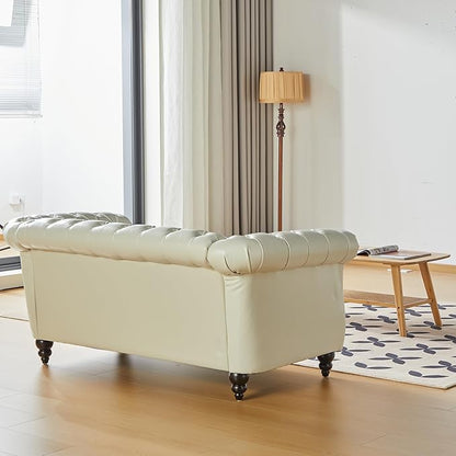 LEVNARY Leather Sofa, Chesterfield Tufted Upholstered 2 Seater Couch, Modern Loveseat Couch Classic Furniture for Living Room Bedroom (Cream White)