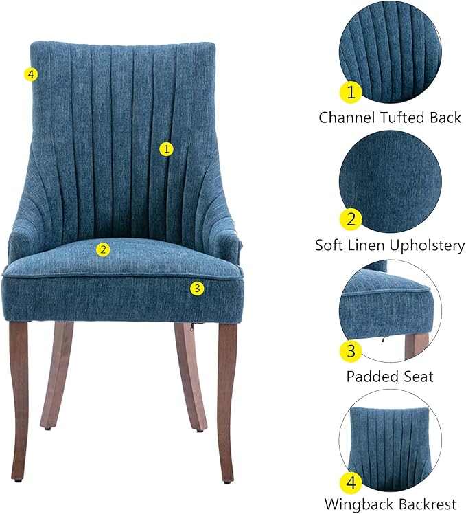 mikibama Linen Dining Chairs Set of 2 Channel Tufted Kitchen Dinner Chair Comfy Fabric Upholstered Accent Chair for Dining Room with Solid Wood Legs (Blue)