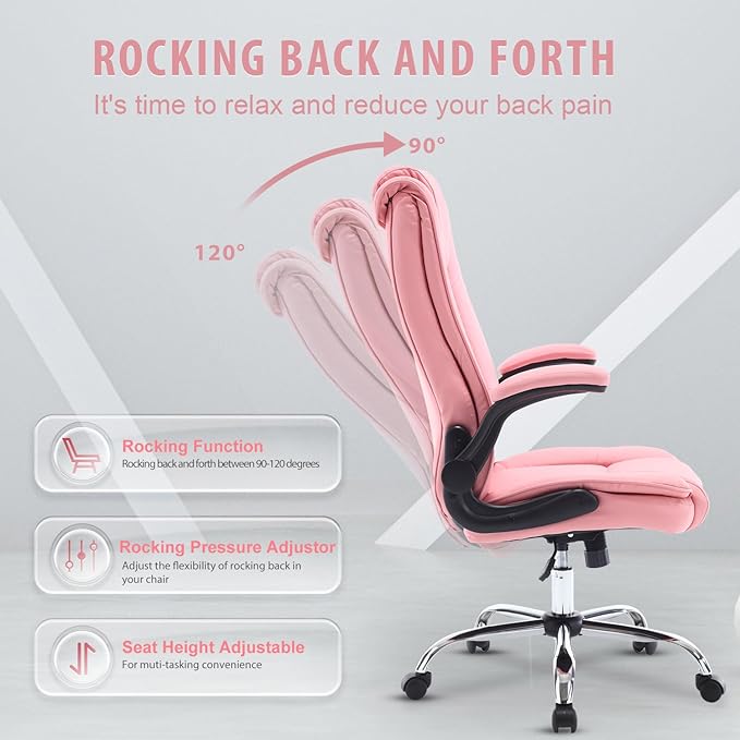 Pink Office Chair, Ergonomic High Back Executive Office Desk Chairs for Women, 90°-120° Rocking Computer Chair with Wheels, Swivel Lumbar Support Home Office Desk Chair