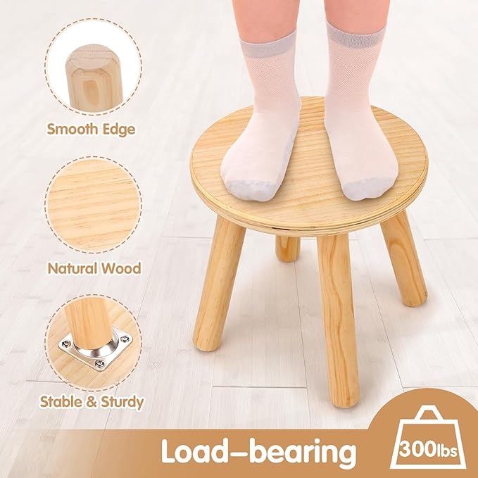 wingyz Wooden Step Stools for Kids, 10 Inch Solid Kids Chairs Perfect Matched Sensory Table, Multi-Purpose Children Sitting Stool for Playroom Bathroom (Natural, 2 Pack)