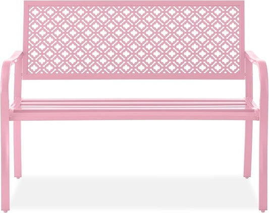 Best Choice Products Outdoor Bench 2-Person Metal Steel Benches Furniture for Garden, Patio, Porch, Entryway w/Geometric Backrest, 790lb Capacity - Pink