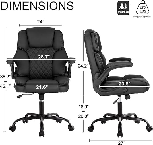 Office Desk Chair, Conference Room Chairs, Mid Back Executive Leather Chair,Ergonomic Home Computer Chair, Modern Office Chair with Adjustable Flip-Up Arms and Rocking Function (Black)