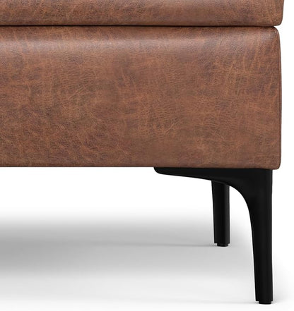 SIMPLIHOME Rebecca 48 inch Wide Mid Century Modern Rectangle Large Coffee Table Storage Ottoman with Lift up Lid in Distressed Saddle Brown Faux Leather for The Living Room, Entryway and Family Room