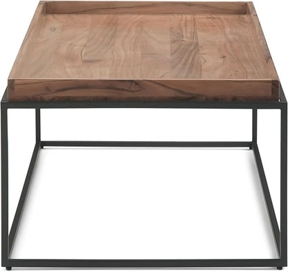 SIMPLIHOME Carter Coffee Table - 47 inch Wide Solid Acacia Wood Industrial Tray Top Cocktail Table in Natural Acacia, Stylish Living Room Table with Fixed Tray Shelf and Metal Base