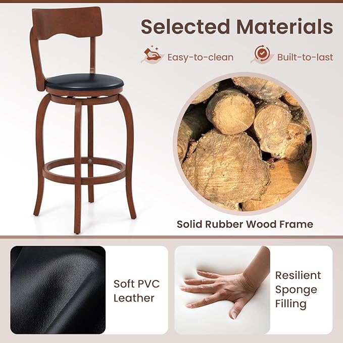 COSTWAY Bar Stools Set of 2, 29 Inch Swivel Bar Height Chairs with Rubber Wood Frame, Upholstered Seat, High Back Barstools for Kitchen Island, Home Bar, Pub, Brown (2, Seat Height: 29”)