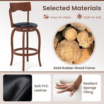 COSTWAY Bar Stools Set of 4, 29 Inch Swivel Bar Height Chairs with Rubber Wood Frame, Upholstered Seat, High Back Barstools for Kitchen Island, Home Bar, Pub, Brown (4, Seat Height: 29”)