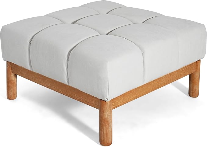 Christopher Knight Home Annette Square Ottoman Footstool with Grid Tufting, Living Room Sofa Ottoman with Wood Frame, Fabric Upholstery Coffee Table, Comfy Seating with Dense Foam Padding, White