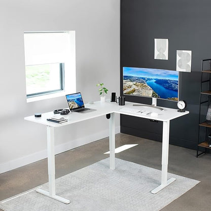 VIVO Corner Standing Desk, 63 x 55 inch Reversible L-Shaped Workstation, Electric Height Adjustment, Home, Office, and Reception Rooms, White Table Top White Frame, DESK-E3CTW
