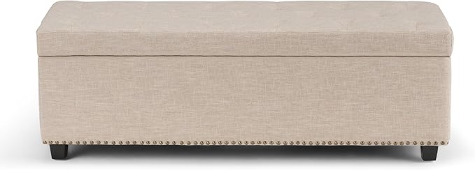 SIMPLIHOME Hamilton 48 inch Wide Transitional Rectangle Storage Ottoman in Natural Linen Look Fabric, Assembled, For the Living Room, Entryway and Family Room