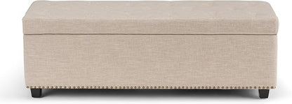 SIMPLIHOME Hamilton 48 inch Wide Transitional Rectangle Storage Ottoman in Natural Linen Look Fabric, Assembled, For the Living Room, Entryway and Family Room