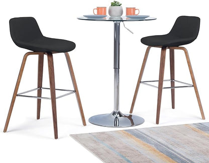 SIMPLIHOME Randolph Counter Stools (Set of 2) - 28 Inch Seat Height Upholstered Bentwood Kitchen Seats in Black Vegan Faux Leather, Mid Century Modern Seating with Curved Backrest and Chrome Footrest