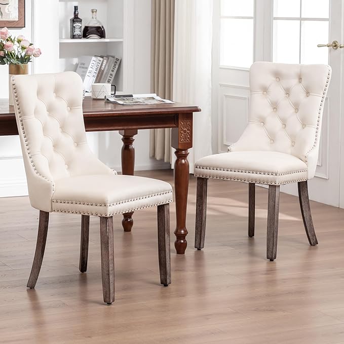 Velvet Dining Chairs Set of 2, Tufted Dining Room Chairs with Nailhead Ring Pull Trim, Upholstered Dining Chairs with Solid Wood Legs for Kitchen Dining Room (Beige)