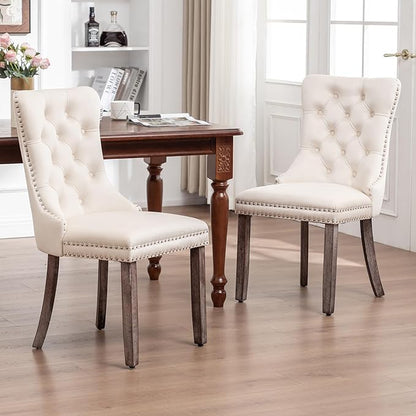 Velvet Dining Chairs Set of 2, Tufted Dining Room Chairs with Nailhead Ring Pull Trim, Upholstered Dining Chairs with Solid Wood Legs for Kitchen Dining Room (Beige)