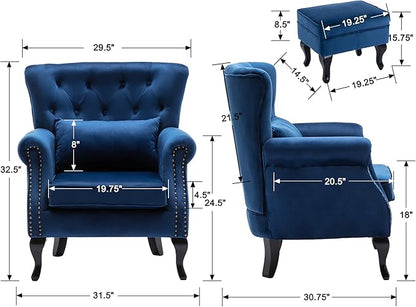 chairus Mid-Century Modern Accent Chair with Ottoman, Comfy Velvet Single Sofa Chair Button Tufted Wingback Armchair with Pillow for Living Room/Bedroom/Club - Blue