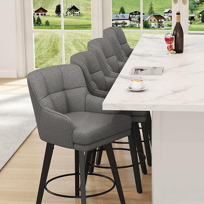 360°Swivel Counter Height Bar Stools with Back, 26 inch Solid Wood Legs, Bar Stool Modern Kitchen Island Chairs, Fabric (Mid-Grey- Fabric, 26" H- Set of 1)