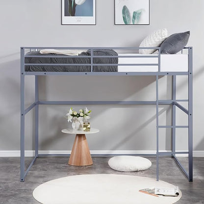 Metal Loft Bed Twin Size, Loft Bed Frame with Safety Guard Rails & Flat Ladder, Twin Loft Bed for Kids Teens Adults