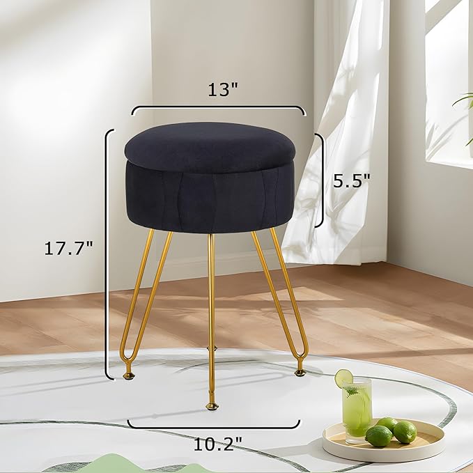 VECELO Vanity Stool with Storage, Velvet Chair for Vanity, Strong Metal Legs, Anti-Slip Feet, Padded Seat for Make Up, Bedroom, Living Room, Entryway, Black