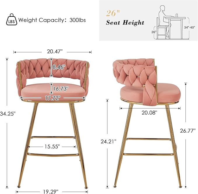 VECELO Bar Stools Set of 4, Counter Height Bar Stools, 26 inch Seat Barstools with Woven Back and Footrest for Kitchen Island Counter, Pink