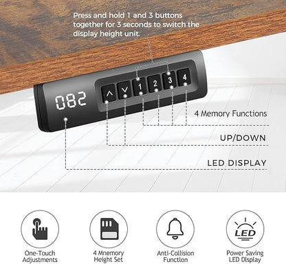 Electric Adjustable Standing Desk with Wheels, 63'' x 24''Sit Stand Desk with Dual Crossbeam and Mouse Pad, 27''-46'' Lifting Range Stand up Table with Ergonomic Arc Desktop (Brown)