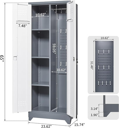 FLEXIMOUNTS 65'' Tall Metal Storage Cabinet with Locking Door, Large Cleaning Tool Organizer for Brooms, Garage, Laundry Room, Bathroom, Grey-White