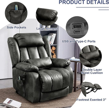 MAEVIS Large Genuine Leather Power Lift Recliner Chair, Dual Motor Recliner for Elderly,Extended Footrest and Lumbar Pillow for Tall Man,with Heat and Massage, USB and Type-C Ports(Silver Gray)