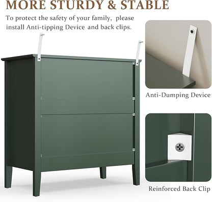 RoyalCraft Large 3 Drawer Dresser Set of 2, Fluted Chest of Drawers with Storage, Modern Painted 30 inch Tall Nightstand for Bedroom Living Room Entryway, Green