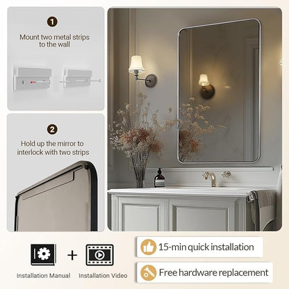 ANDY STAR Wall Mirror for Bathroom, 24x40 Inch Brushed Nickel Rectangle Bathroom Mirror for Over Sink, Modern Silver Rectangular Mirror for Vanity with Non-Rusting Tube Metal Frame, Explosion-Proof