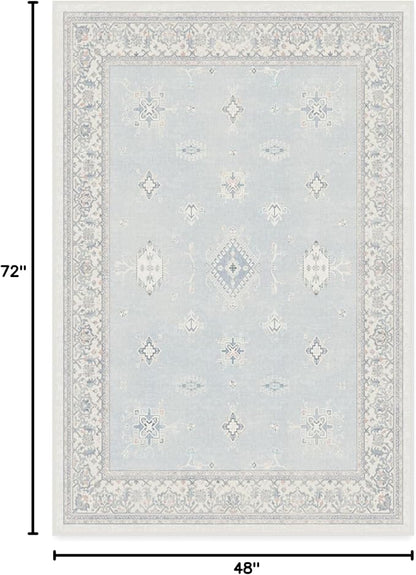 RUGGABLE Washable Vintage Area Rug – Verena Soft Blue 4x6, Stain-Resistant, Non-Slip – Medium Machine Washable Rugs for Living Room, Bedroom, Hallway, Entryway & Office–with Standard Pad