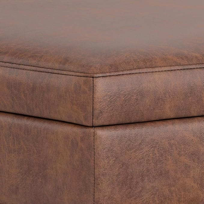 SIMPLIHOME Shiloh 38 inch Wide Transitional Contemporary Square Storage Ottoman in Distressed Saddle Brown Vegan Faux Leather, Assembled, for The Living Room, Entryway and Family Room