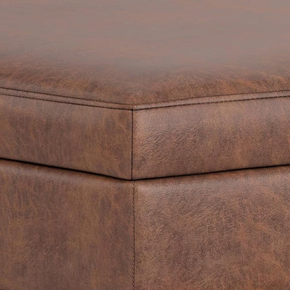 SIMPLIHOME Shiloh 38 inch Wide Transitional Contemporary Square Storage Ottoman in Distressed Saddle Brown Vegan Faux Leather, Assembled, for The Living Room, Entryway and Family Room