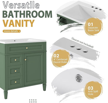 30" Bathroom Vanity with Matching Medicine Cabinet, Modern Sink Storage Cabinet with Drawers, Soft Closing Doors and Shelf, Bathroom Vanities with Sink & Mirror