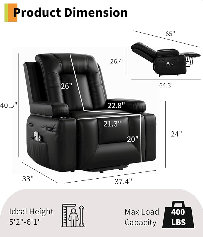 GarveeHome Power Lift Recliner Chair - Heat and Massage, PU Leather, Adjustable Back and Legs, Electric Lift Chair Designed for The Elderly and People with Mobility impaired