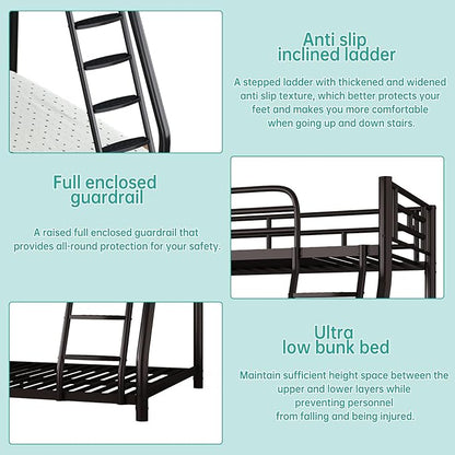 Metal Twin Over Full Bunk Bed，Bunk Beds Twin Over Full Size with Removable Wide Ladder and Full-Length Guardrail，Low Full BunkBeds Frame Heavy Duty steel Slat Support For Adults Kids and Young Teens