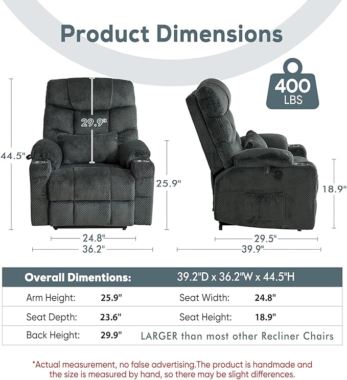ABCASA Oversized Dual Motor Lay Flat Power Lift Recliner Chair Set of 2 for Elderly with Massage and Heat, Textile Large Recliner Chair, Lift Chairs Recliner with Lumbar Pillow, Cup Holder, Grey