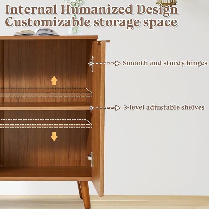 Fluted Brown Storage Cabinet with Doors, Wood Sideboard Buffet Cabinet with Adjustable Shelf, Modern Accent Table for Living Room, Entryway