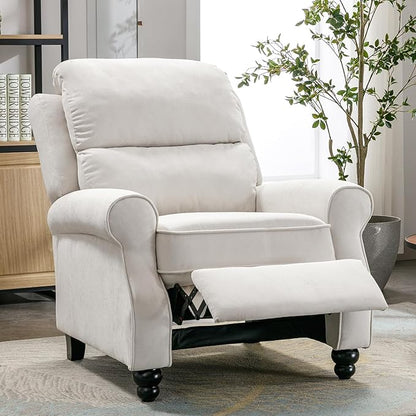 Push Back Recliner Chair, Fabric Armchair Overstuffed Pushback Recliner, Heavy Duty Single Sofa Chair with Padded Seat Solid Wood Legs for Living Room (White)
