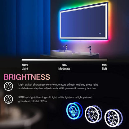 40x32 inch LED Bathroom Mirror with RGB Lights Color Changing Backlit Mirror Shatterproof Dimmable Anti-Fog Lighted Vanity Mirror (RGB Multicolor Backlit + Adjustable Front-Lighted)