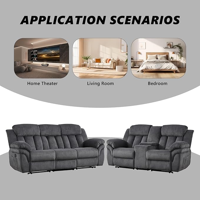 CANMOV Recliner Sofa Set, Manual Recliner Loveseat and 3-Seat Sofa with Overstuffed Armrest for Living Room,Bedroom Furniture,Office,2+3 Seat Grey